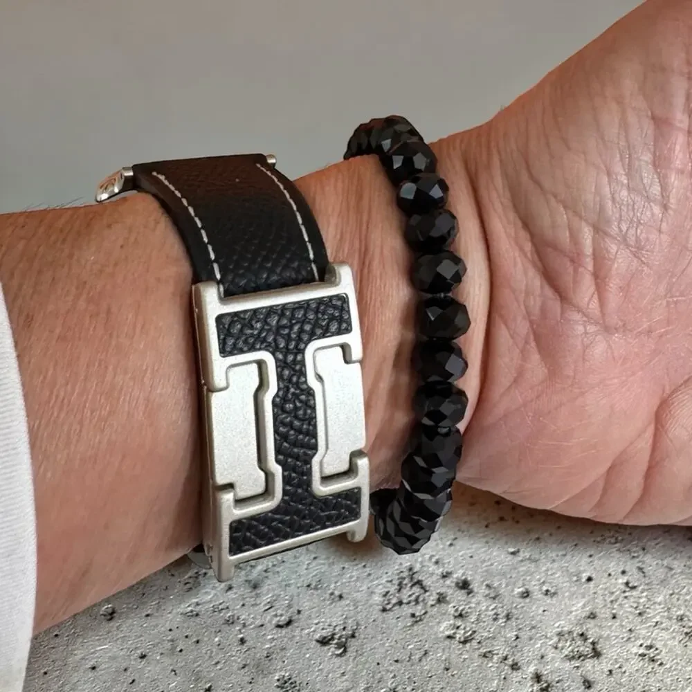 CRAZYGRASS Magnetic Black Leather Strap Watch Band Women Square Smartwatch